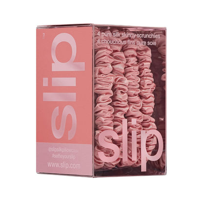 Slip Silk Hair Ties — Skinny Silk Black Scrunchies, No Damage, No Crease, Anti-Breakage |100% Mulberry Silk | All Hair Types | Made with Proprietary Slipsilk™ | Set of 4