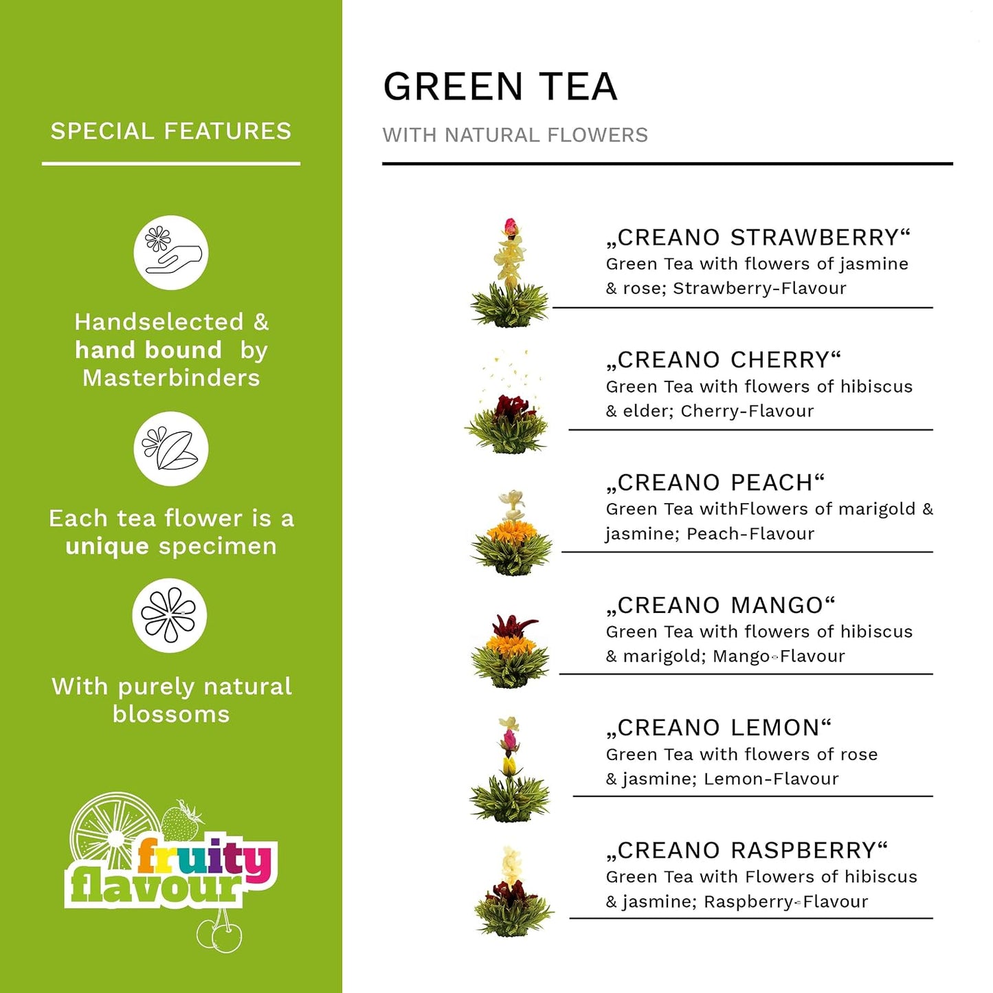 Creano Blooming Tea Gift Set with Glass Teapot 17oz (500ml) - Green Tea Fruity Flavoured Tea Flowers in 6 Varieties - Flowering Tea Gift for Easter