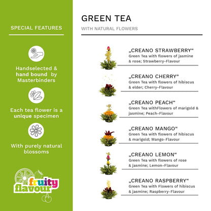 Creano Blooming Tea Gift Set with Glass Teapot 17oz (500ml) - Green Tea Fruity Flavoured Tea Flowers in 6 Varieties - Flowering Tea Gift for Easter