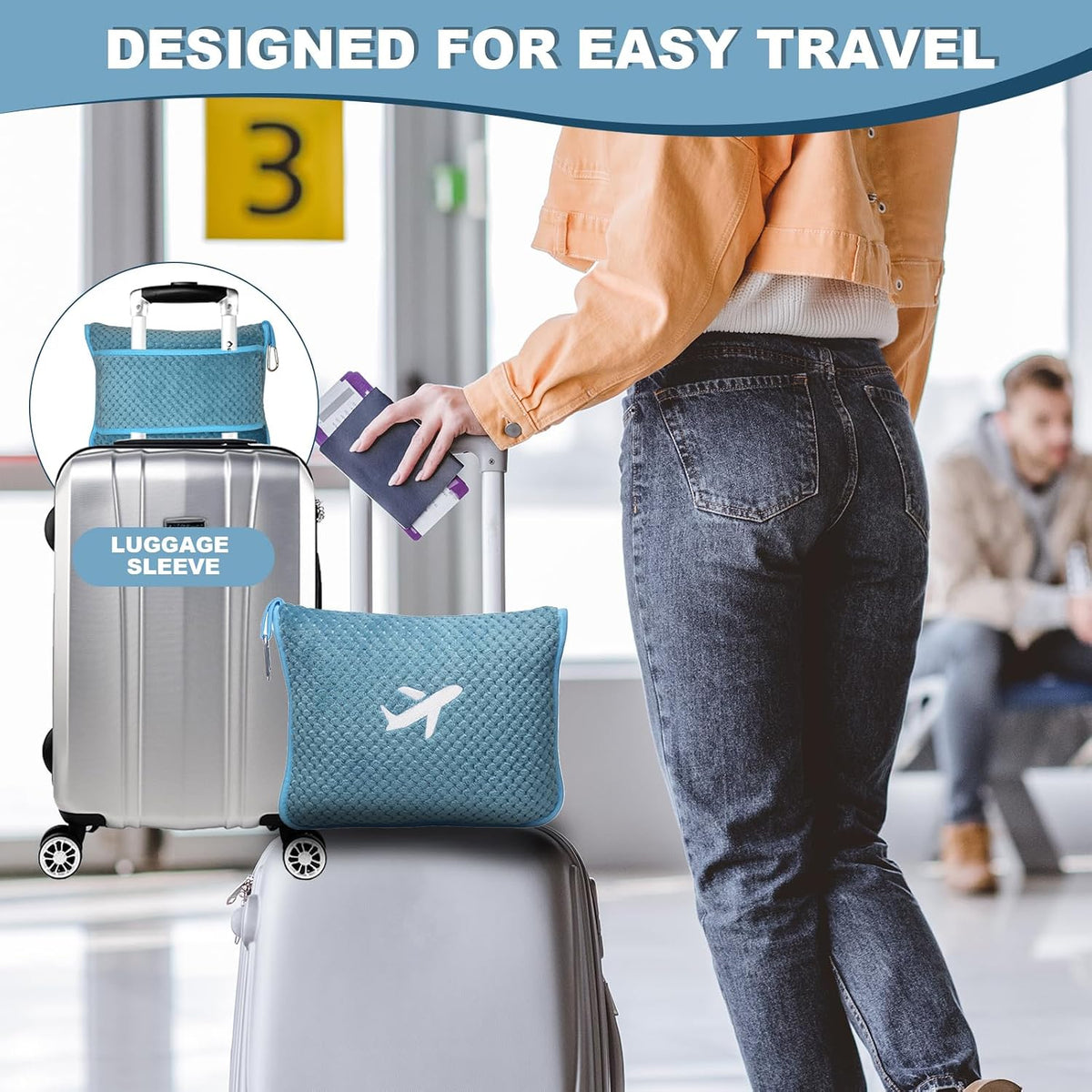 Travel Blanket Airplane Compact with Bag, Travel Essentials 3 in 1 Packable Airplane Blanket, Travel Pillow and Blanket Set, Inflatable Pillow, Luggage Sleeve & Backpack Clip (Light Grey)