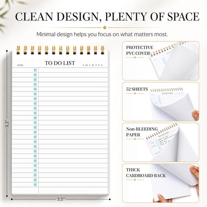 To Do List Notepad 3 Pack, Undated Daily Planner Notepad With To Do List Notebook Checklist Planner Spiral Waterproof Notepad for Office Supplies, School Planner, 52 Sheets/Pack, 5.5"*8.3" A5 Size