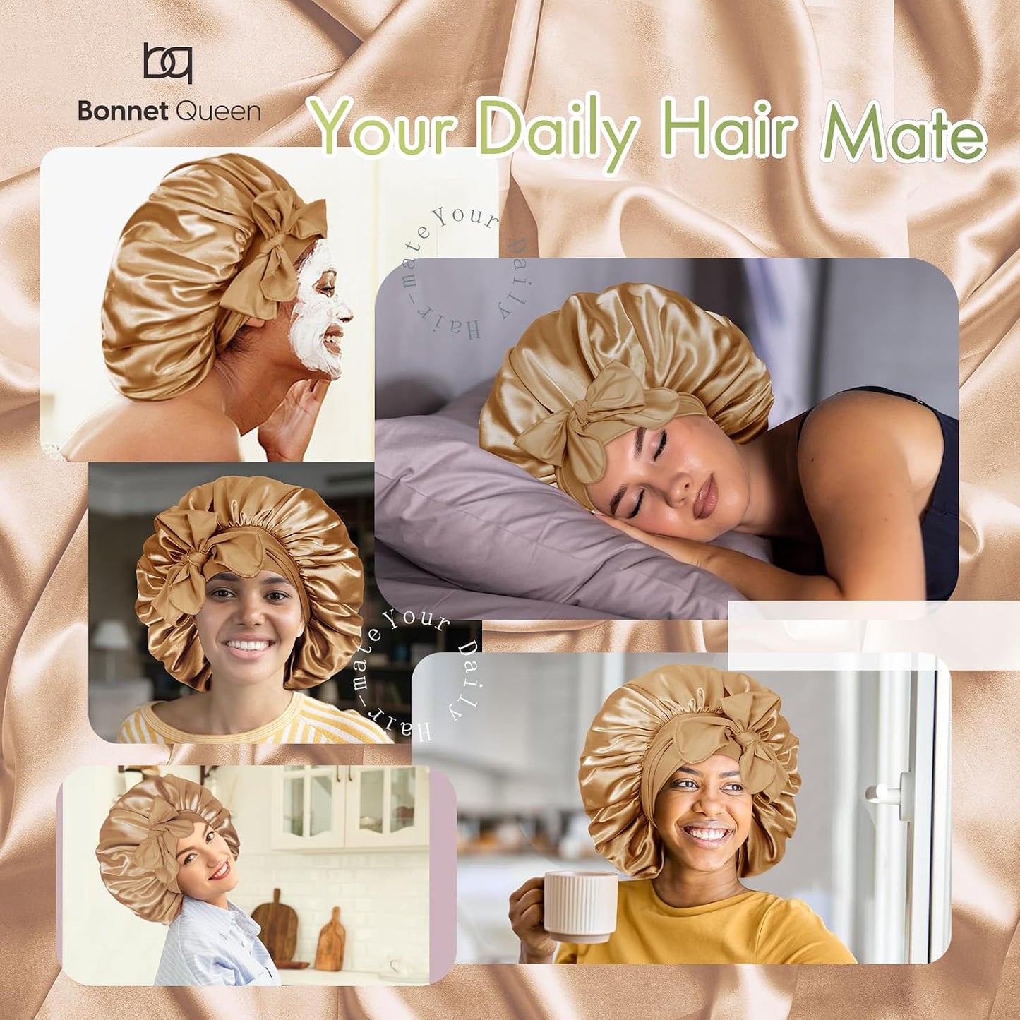 BONNET QUEEN Silk Bonnet for Sleeping for Women Satin Bonnet Night Cap for Curly Hair with Tie Band, Single Layer, Cream Pink