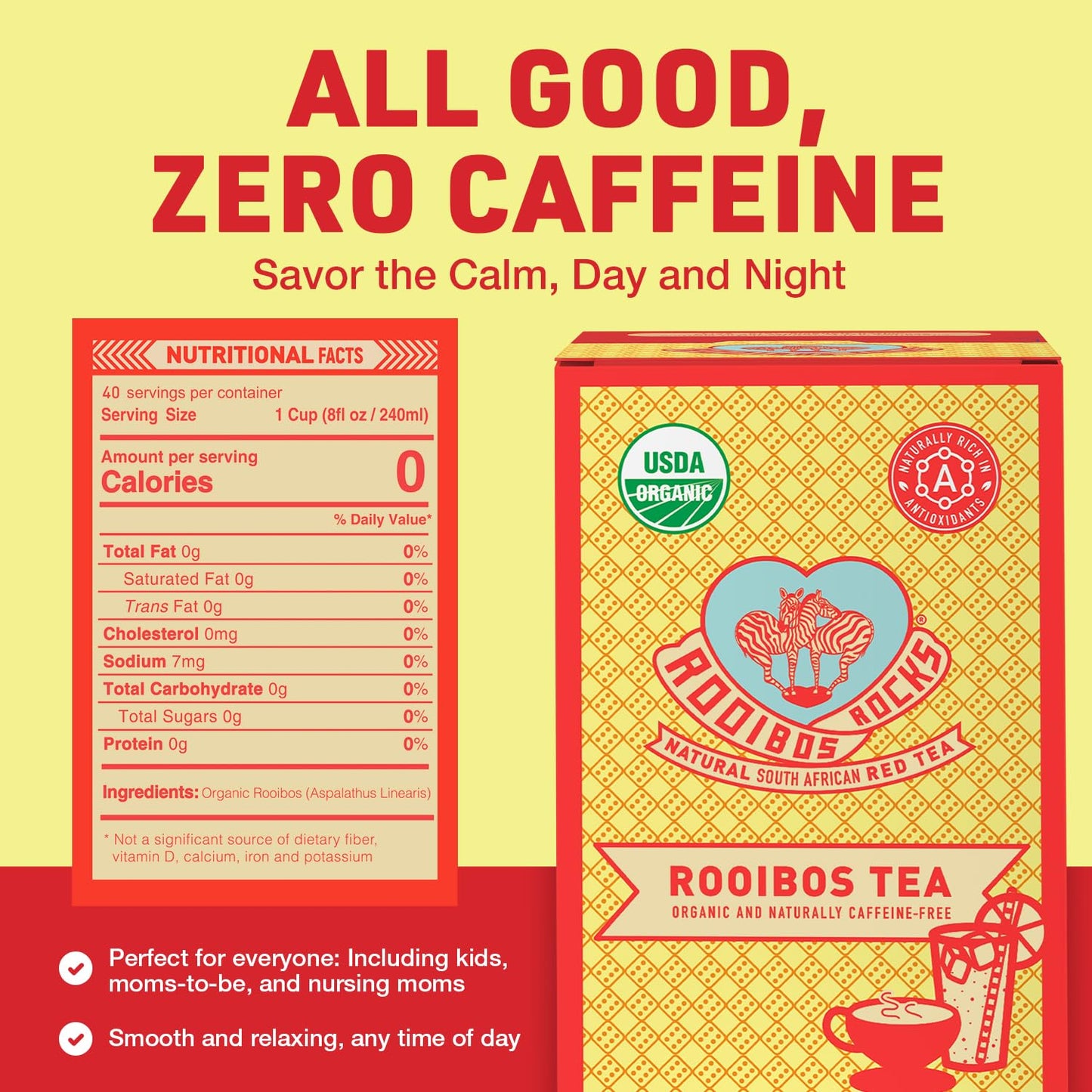 Caffeine Free Organic Rooibos Tea Bags 80 - Naturally Sweet Herbal Tea Safe for Kids & Pregnant Women – Low Tannin Premium South African Tea Red Tea - Sustainably & Ethically Farmed Red Rooibos Tea