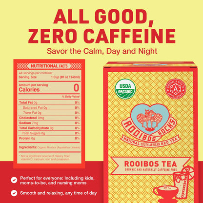 Caffeine Free Organic Rooibos Tea Bags 80 - Naturally Sweet Herbal Tea Safe for Kids & Pregnant Women – Low Tannin Premium South African Tea Red Tea - Sustainably & Ethically Farmed Red Rooibos Tea