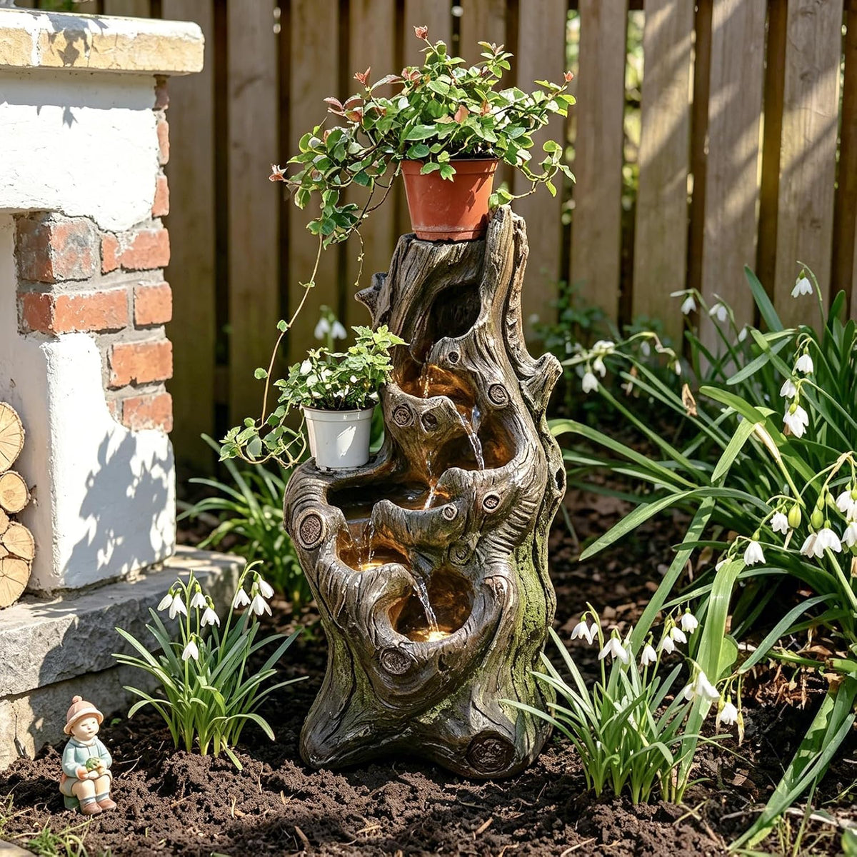 Sunlinua Water Fountain Outdoor, 5-Tier Cascading Realistic Tree Waterfall