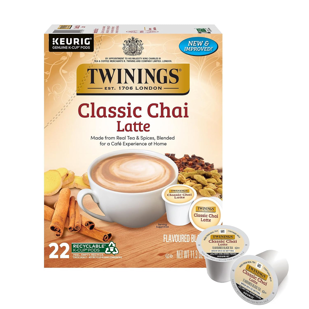 Twinings Chai Latte Black Tea K-Cup Pods for Keurig, 22 Count (Pack of 1), Creamy, Slightly Sweet, Less Sugar, Caffeinated, Enjoy Hot or Iced