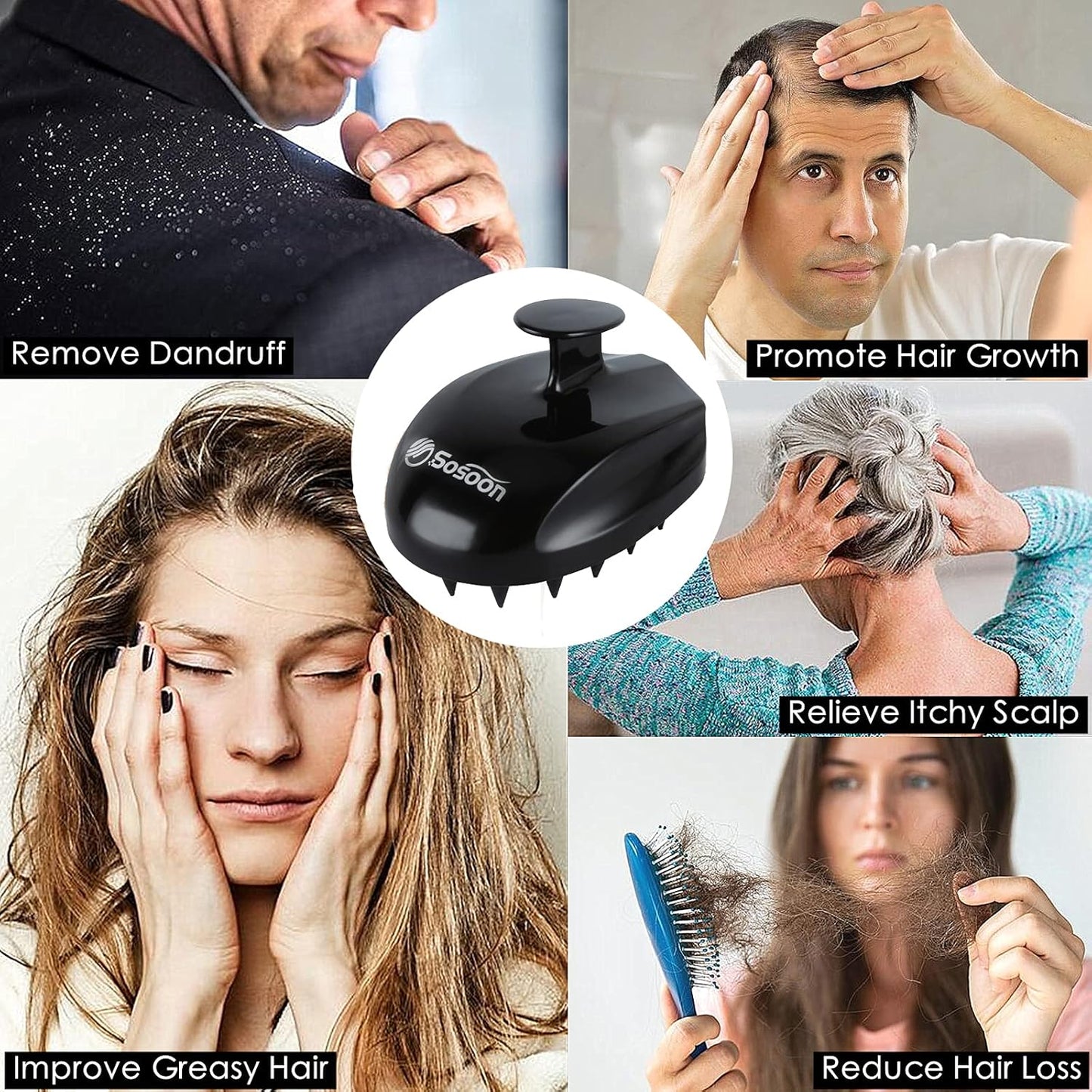 Sosoon Scalp Massager Shampoo Brush, Hair Scalp Scrubber Shower Hair Brush Head Massager for Stress Relax Hair Growth, Dandruff Brush Scalp Exfoliator for Women Men Kids Pets, Black
