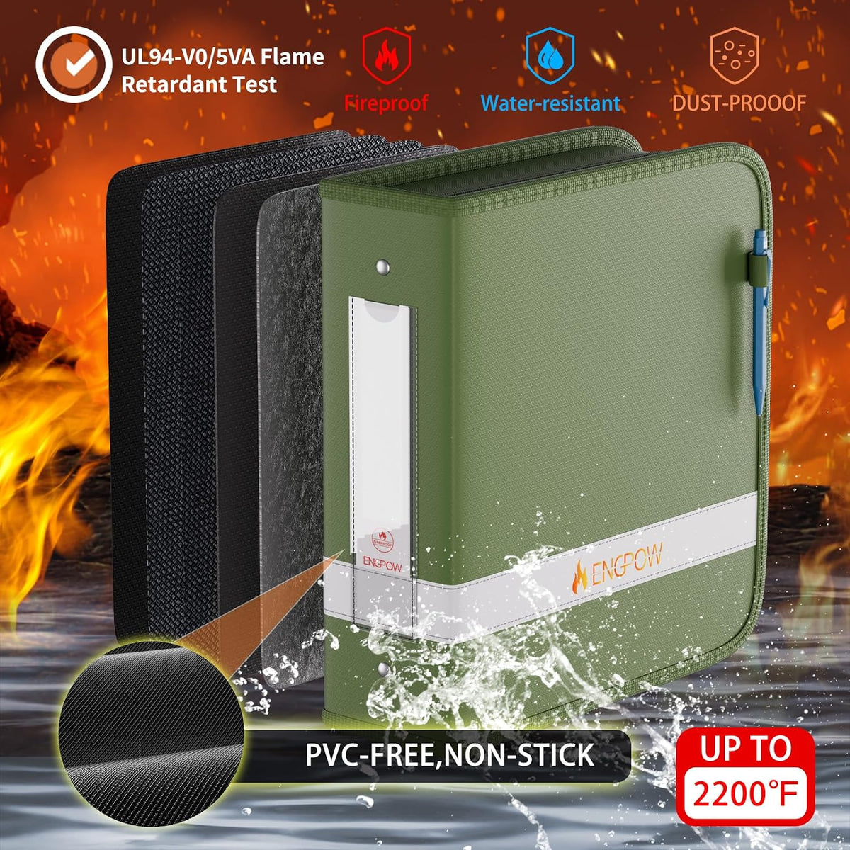 ENGPOW 3 Ring Binder,Fireproof 3 Inch D Ring Binder with Zipper,Holds 750 Sheets,Non-Stick,PVC-Free,Compatible with Clear Sheet Protectors,Portable School Office Home Safe Storage for Paper,Black