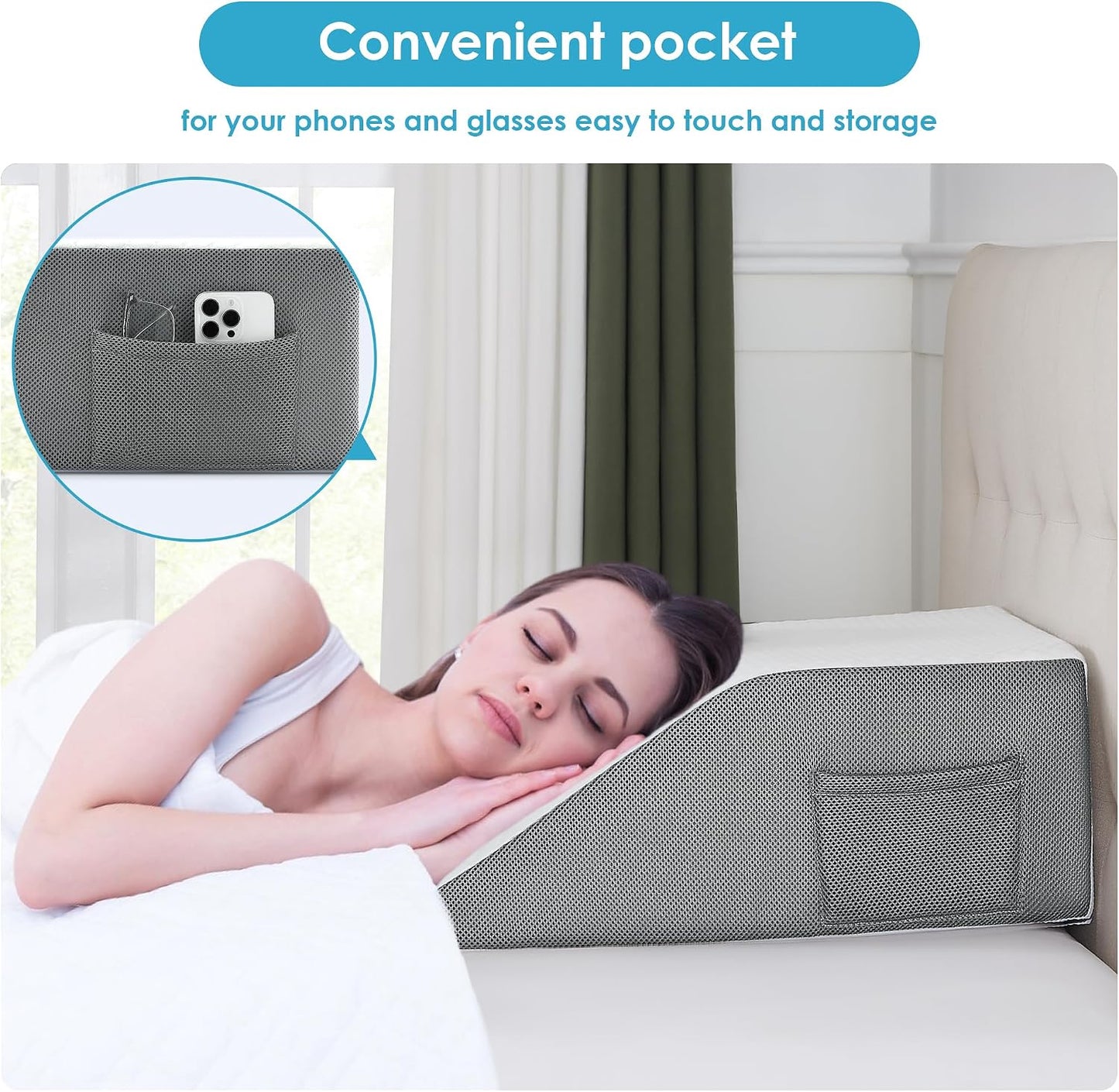 Cozymaker 7.5" Bed Wedge Pillow for Sleeping After Surgery, Back Support, Leg Elevation, Gerd Acid Reflux, Neck Pain, Snoring, Cooling Memory Foam Triangle Incline Wedge, Removable Washable Cover