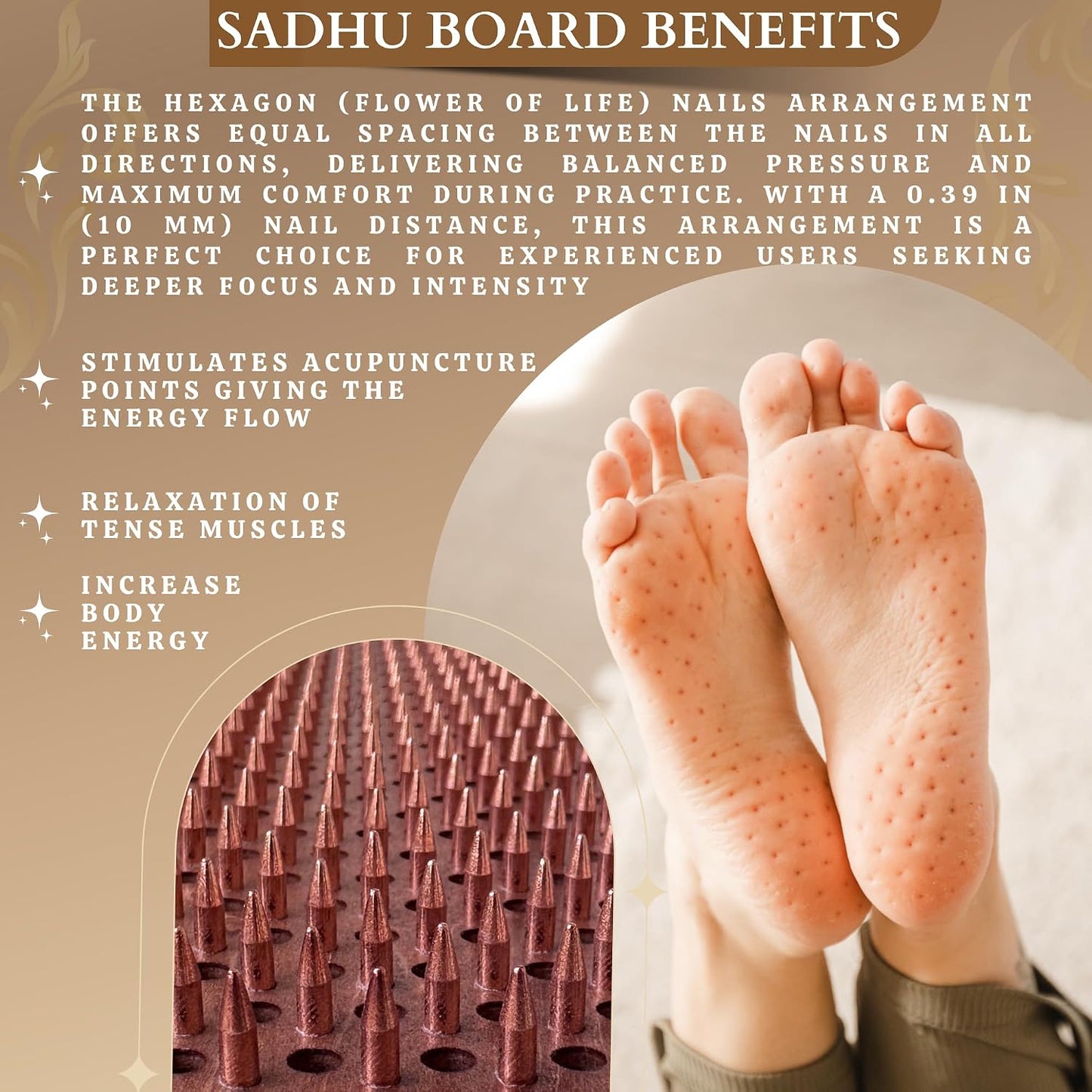 TENGRY Sadhu Board, Specially Crafted Copper Nails, 0,39 In (10 mm), Light Foot Board, Wooden Nail Boards for Feet, Acupuncture, Acupressure Mat, Nail Board, Yoga Gift