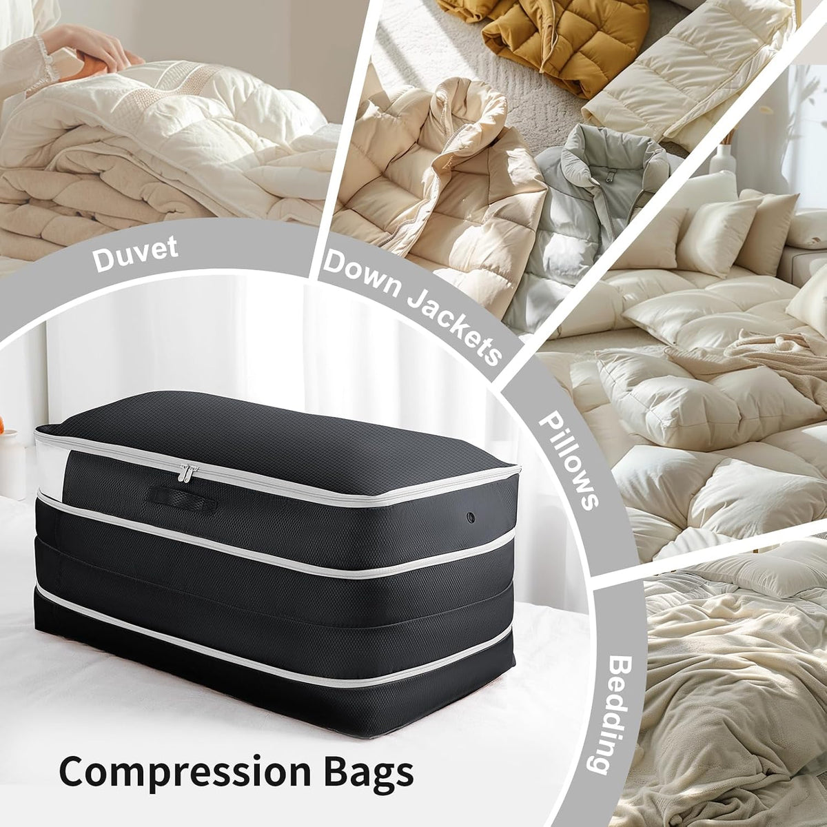 Comforter Storage Bag - Large Capacity Bedding Storage Bags Ultra Space Saving Self Compression Organizer, Washable Compression Bags for Storage Comforter Blanket Duvet Pillow, Beige