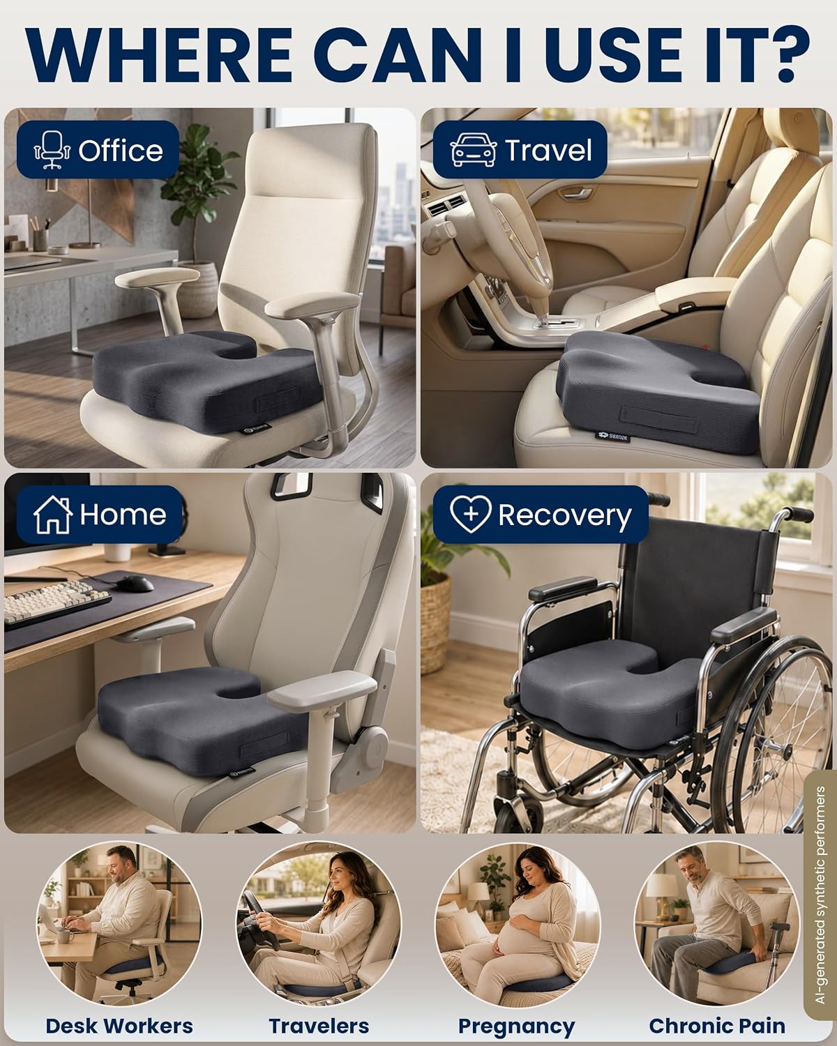 5 STARS UNITED Seat Cushion - Memory Foam Chair Cushion for Tailbone Pain Relief - Ergonomic Support for Coccyx, Sciatica & Butt - Office, Desk & Gaming Chair, Car Seat, Wheelchair, Black Suede