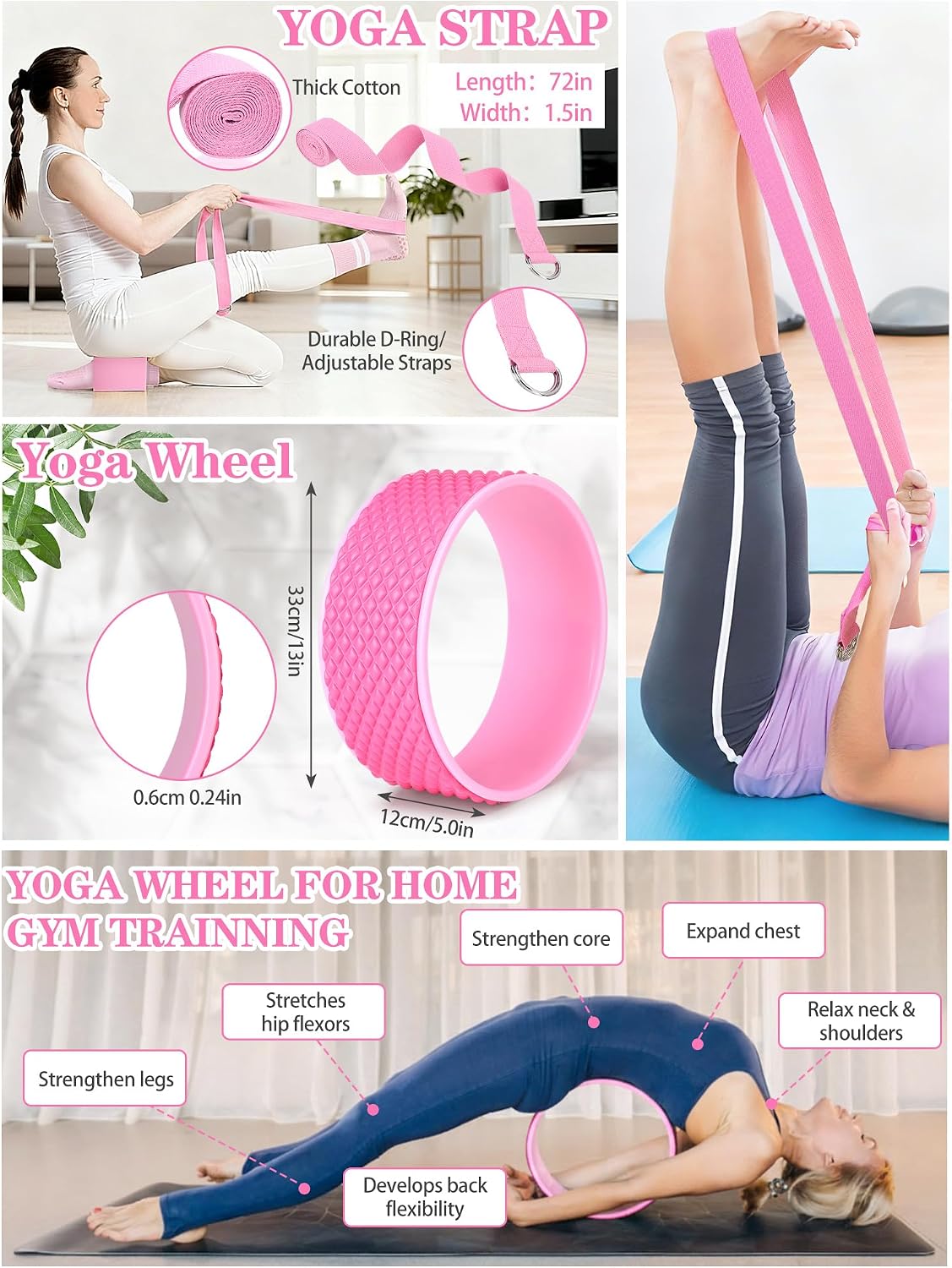 Gemscream 17 Pcs Yoga Essential Kit for Women, Pilates Equipment Starter Set for Beginners with Yoga Wheel Ball Blocks Strap Resistance Bands Wrist Rings Socks Towel & Carry Bag for Home Workouts