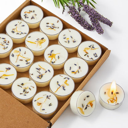 Crenovo Lavender Scented Tealight Candles with Dried Flowers 16 Pack