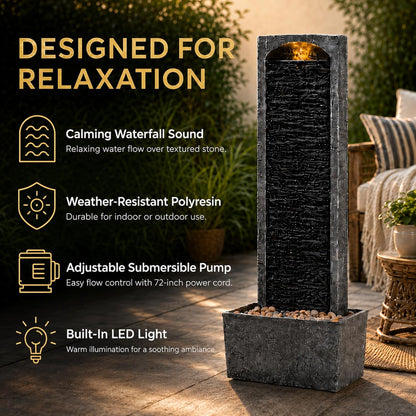 Teamson Home 38.58 in. Modern Curved Faux Slate Waterfall Fountain for Indoors or Outdoors with LED Light Accents and 1.98-Gallon Pump, Black and Stone Gray | Freestanding Floor Garden Waterfall, LED Lights, Weatherproof Polyresin, For Patio & Yard