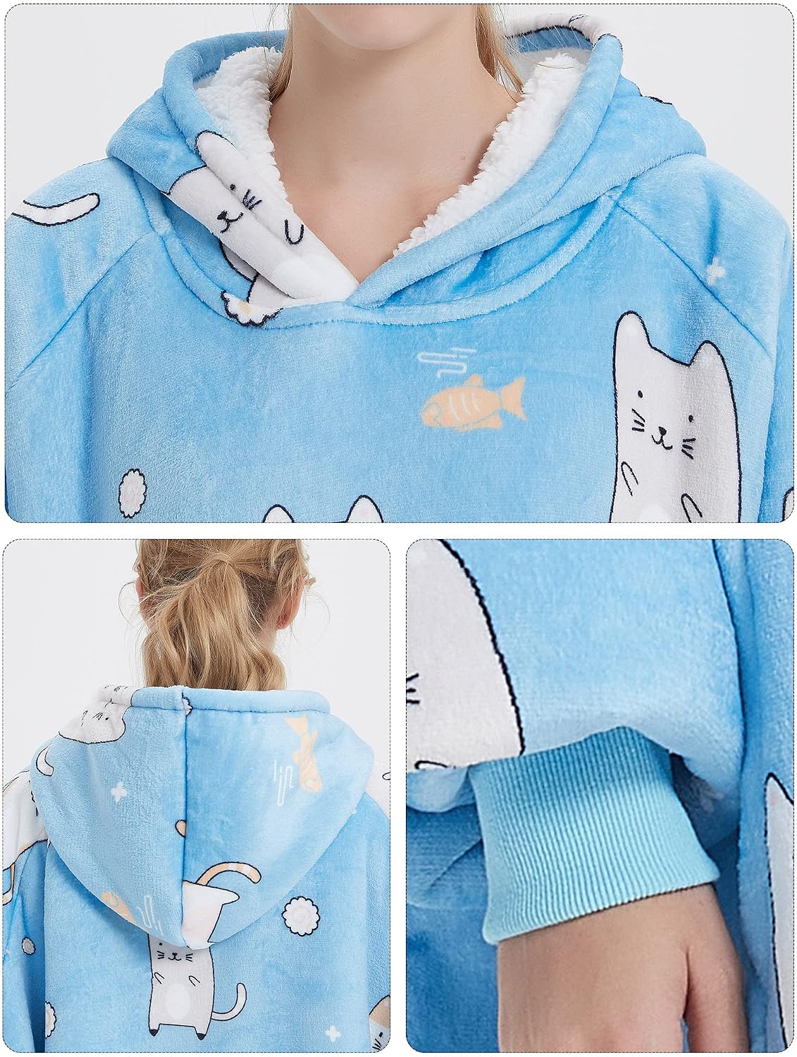 KFUBUO Wearable Blanket Hoodie for Adults Sherpa All Patterns Cat Oversized Sweatshirt Blanket with Pockets for Women