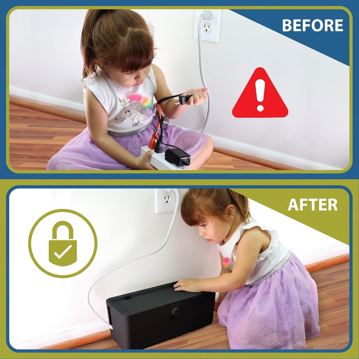 Power Strip Cover Box - Effectively Baby Proofs Power Strip with Patented Dual Lock. Convenient Side Openings for Cords & Cables. Protects Small Hands & Fingers