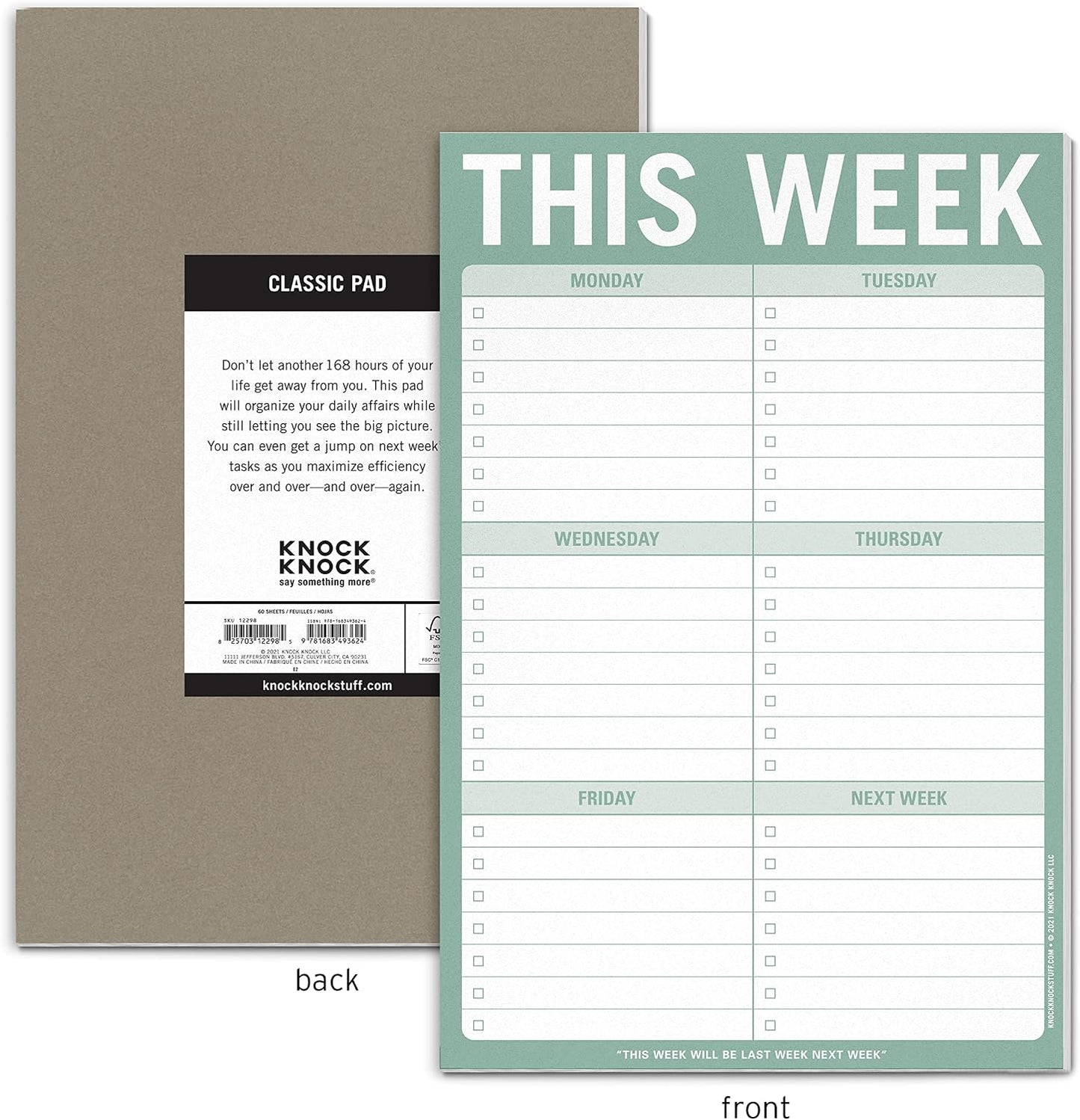 Knock Knock 1-Count This Week Pads, To Do List Notepads, 6 x 9-inches each (Sage Green)