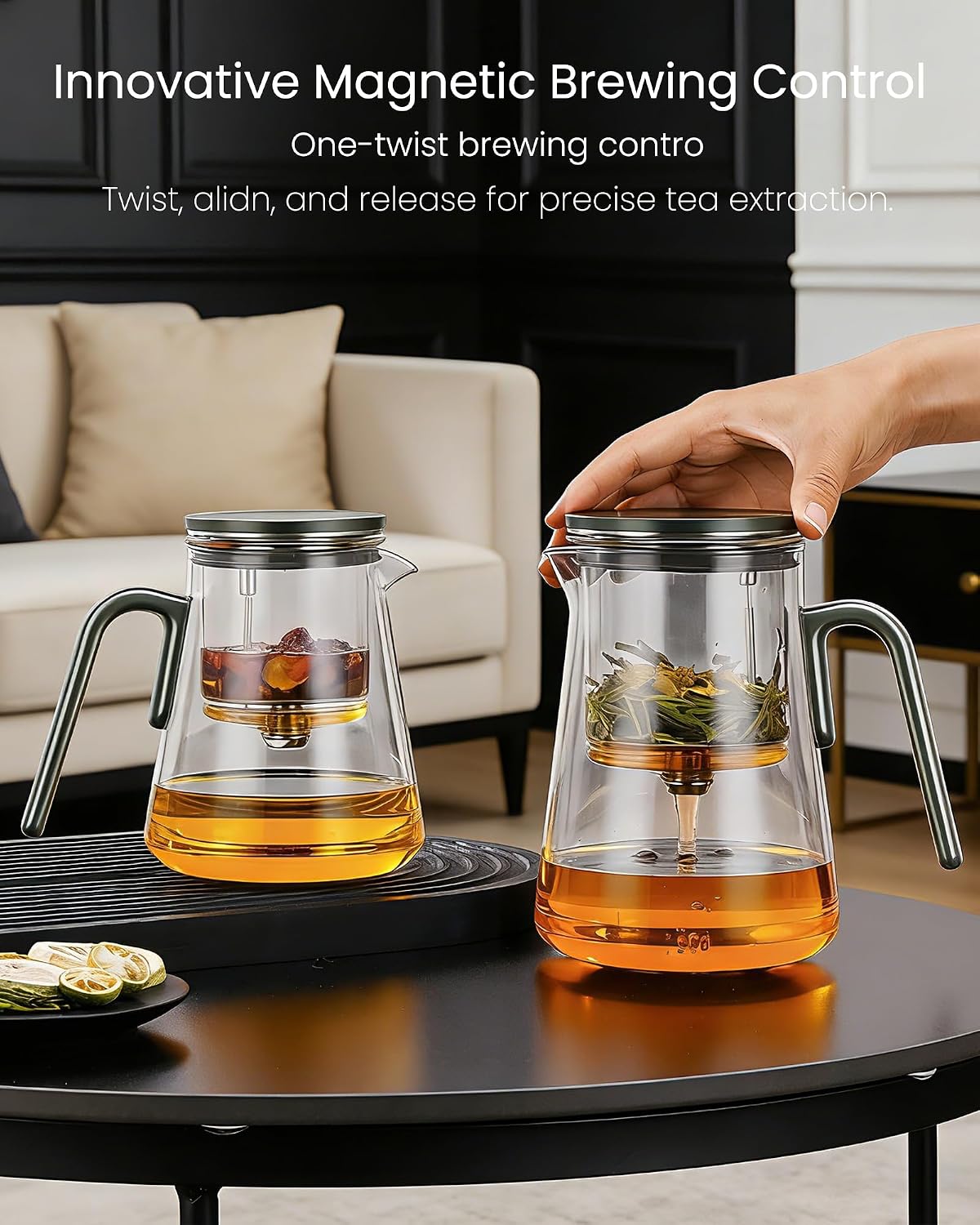 ZENS Magnetic Tea Pot, Enchanted Glass Teapot with Infuser and Magnetic Suction Lid for Mess-Free Loose Tea Diffusers, Walnut Wood Handle, Tea Lovers Gifts