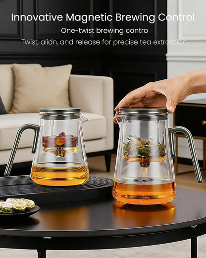 ZENS Magnetic Tea Pot, Enchanted Glass Teapot with Infuser and Magnetic Suction Lid for Mess-Free Loose Tea Diffusers, Walnut Wood Handle, Tea Lovers Gifts