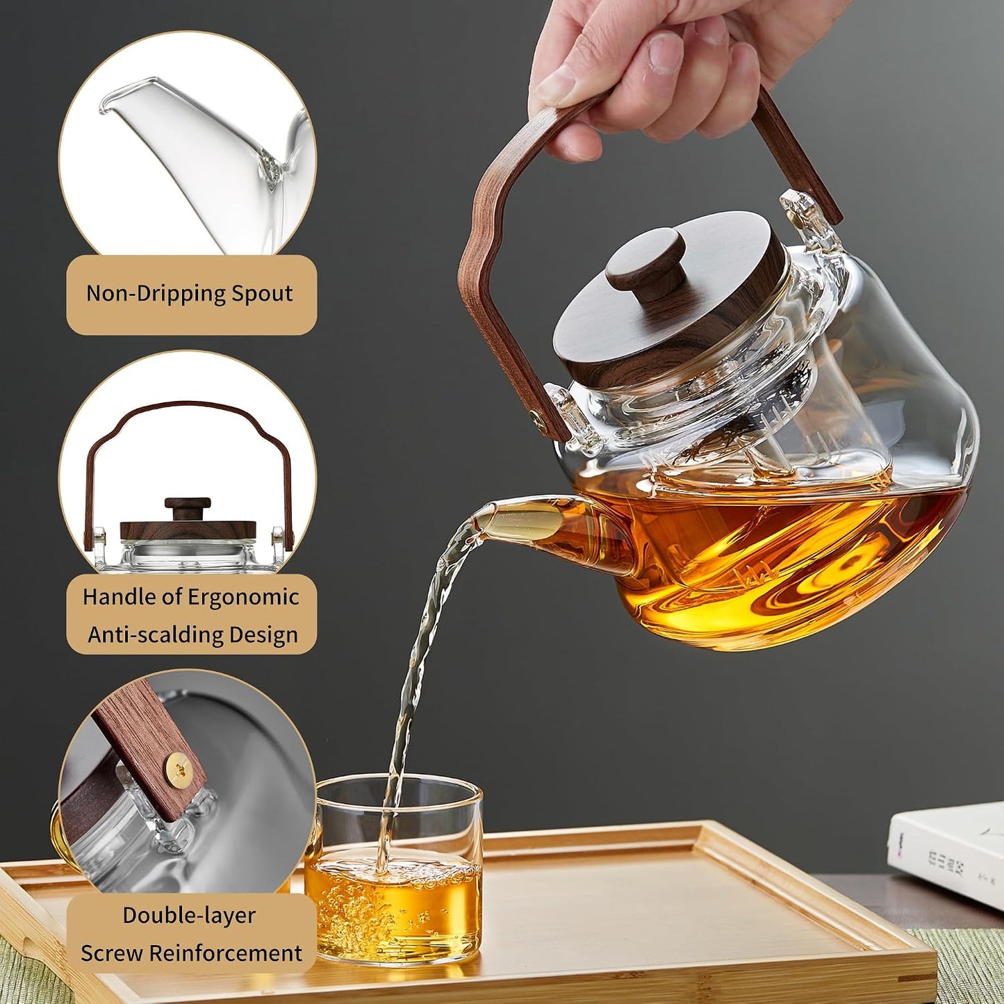 Glass Teapot with 2 Infusers, Heat Borosilicate Glass, Stovetop Safe Tea Kettle, Glass Tea Pot with Infuser and Lid for Loose Tea, 1090ml/36.9oz