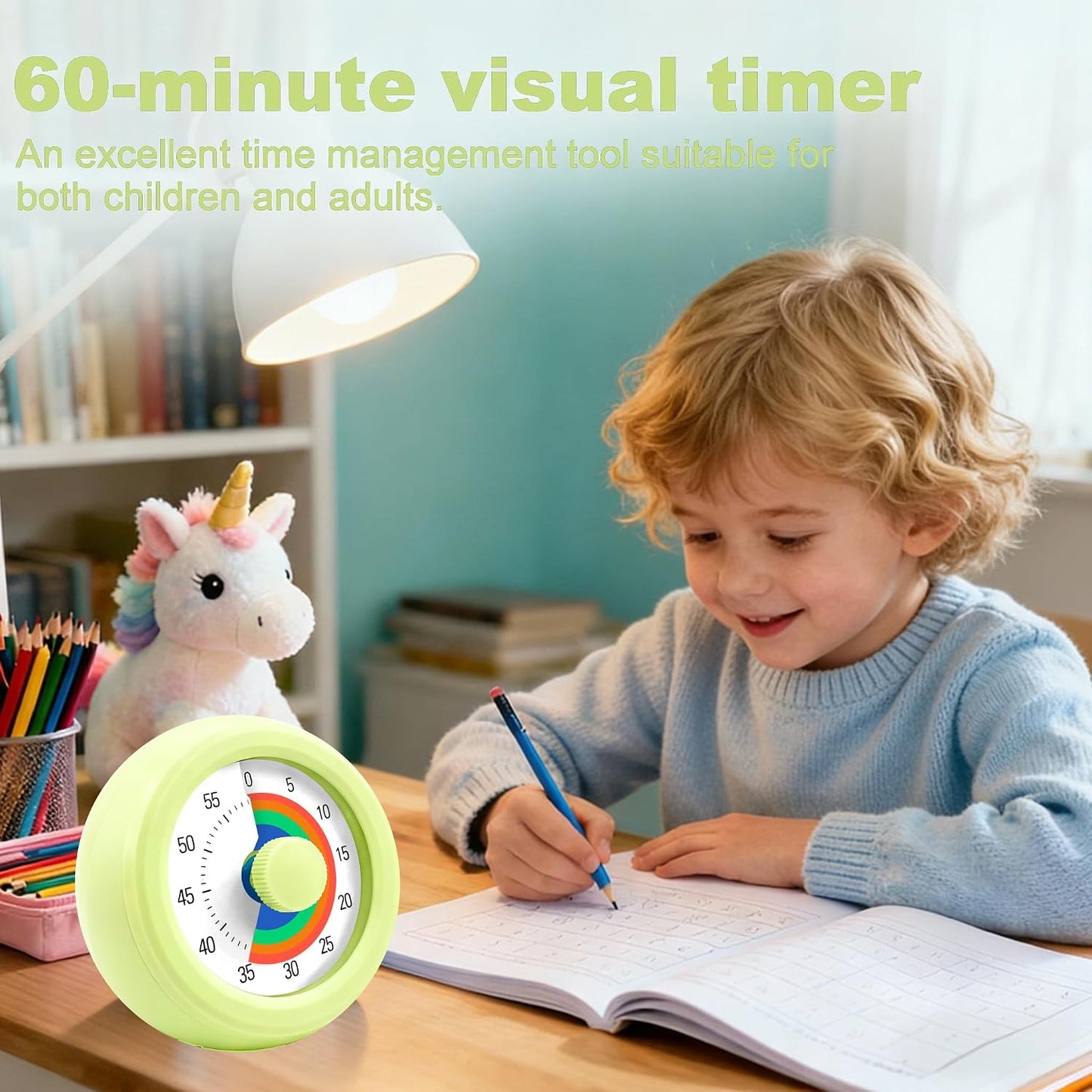 60 Minute Visual Timer with Silent Operation Visual Countdown Timer Rainbow Disk 60 Minute Countdown Timer Task Reminder Home and Kitchen Timer for Kids Desk, Office Meetings (Green)