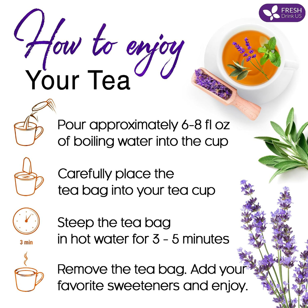 FreshDrinkUS, Premium 135 Tea Bags Lavender Mint Tea, 100% Natural, Blend of Lavender, Peppermint, Sage and Licorice. Made with Natural Material Tea Bags. No Sugar, No Caffeine, Vegan.
