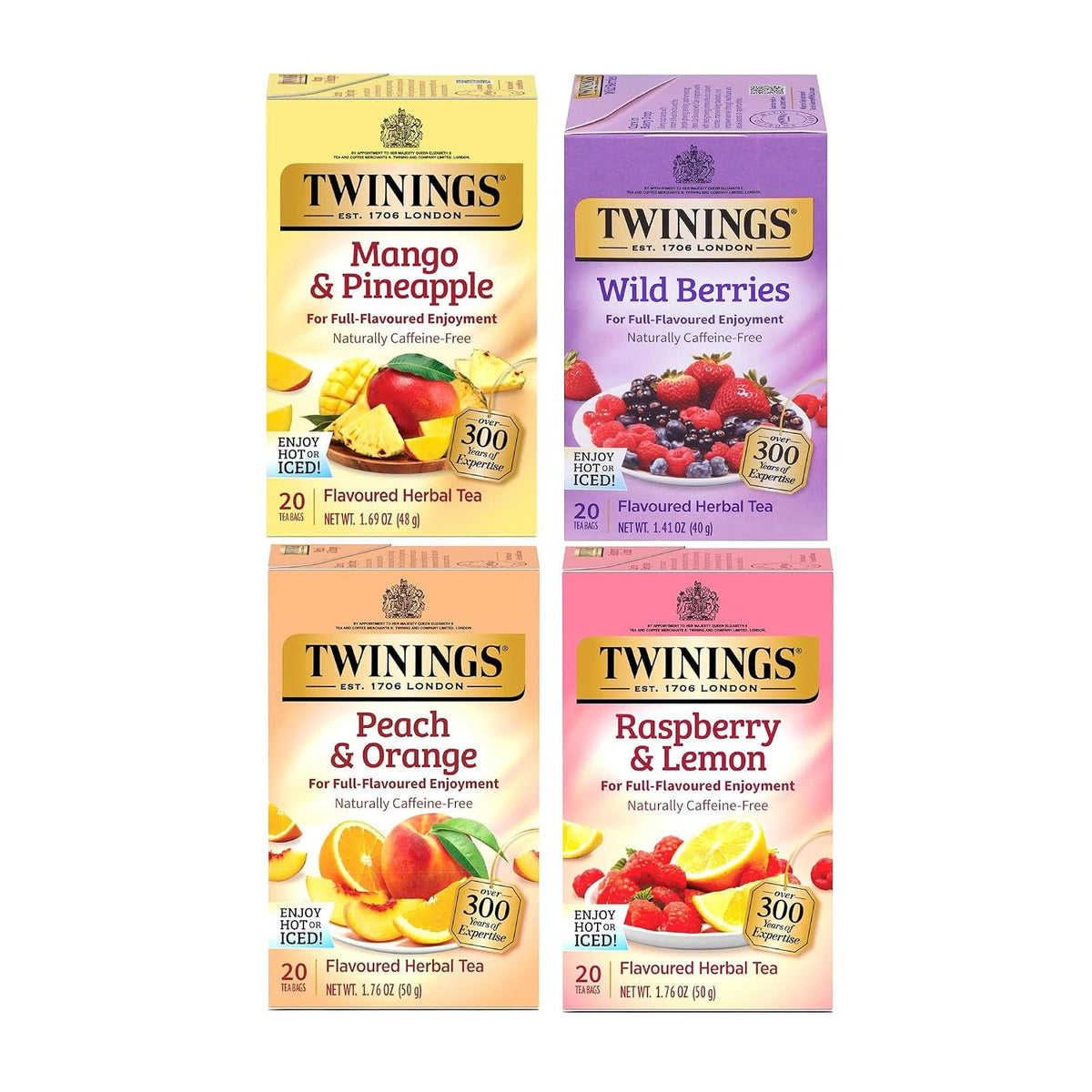 Twinings Herbal Variety Sampler Pack, 20 Count (Pack of 4). Includes Raspberry & Lemon, Mango & Pineapple, Wild Berries and Peach & Orange. Refreshing & Fruity, Naturally Caffeine- Free, 80 Individually Wrapped Tea Bags.