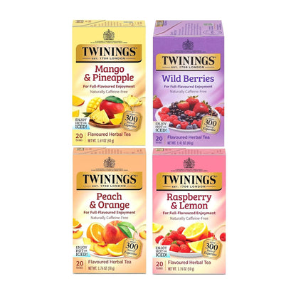 Twinings Herbal Variety Sampler Pack, 20 Count (Pack of 4). Includes Raspberry & Lemon, Mango & Pineapple, Wild Berries and Peach & Orange. Refreshing & Fruity, Naturally Caffeine- Free, 80 Individually Wrapped Tea Bags.