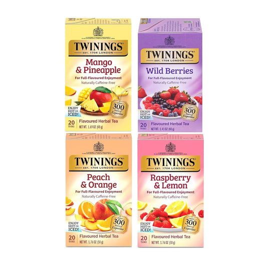 Twinings Herbal Variety Sampler Pack, 20 Count (Pack of 4). Includes Raspberry & Lemon, Mango & Pineapple, Wild Berries and Peach & Orange. Refreshing & Fruity, Naturally Caffeine- Free, 80 Individually Wrapped Tea Bags.