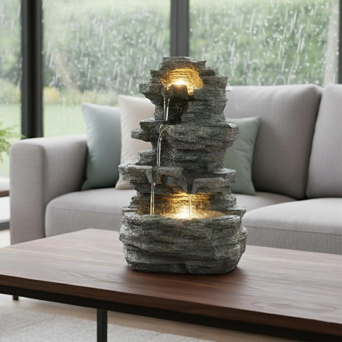 Pure Garden Tabletop Cascading Rock Waterfall Fountain with Lights, Gray