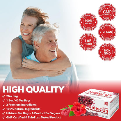 MILIVOL Hibiscus Flowers Mixed Red Raspberry Leaf Tea Bags - 1.5Gr/Bag - 40 Bags - Non-GMO, Caffeine-free Tea supports Heart, Digestion and Mood
