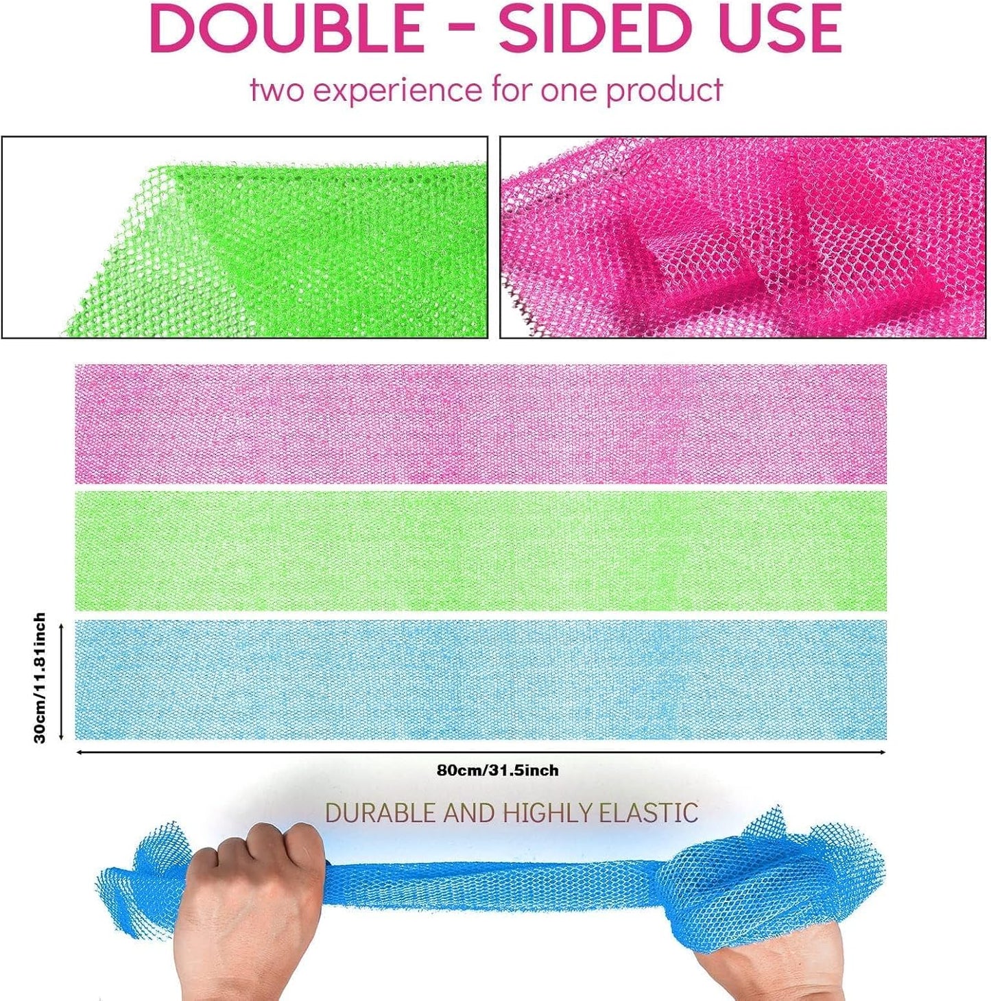 UJFQBH 3 Pieces African Bath Sponge African Net Long Net Bath Sponge Exfoliating Shower Body Scrubber Back Scrubber Skin Smoother,Great for Daily Use (Pink,Yellow,Purple)