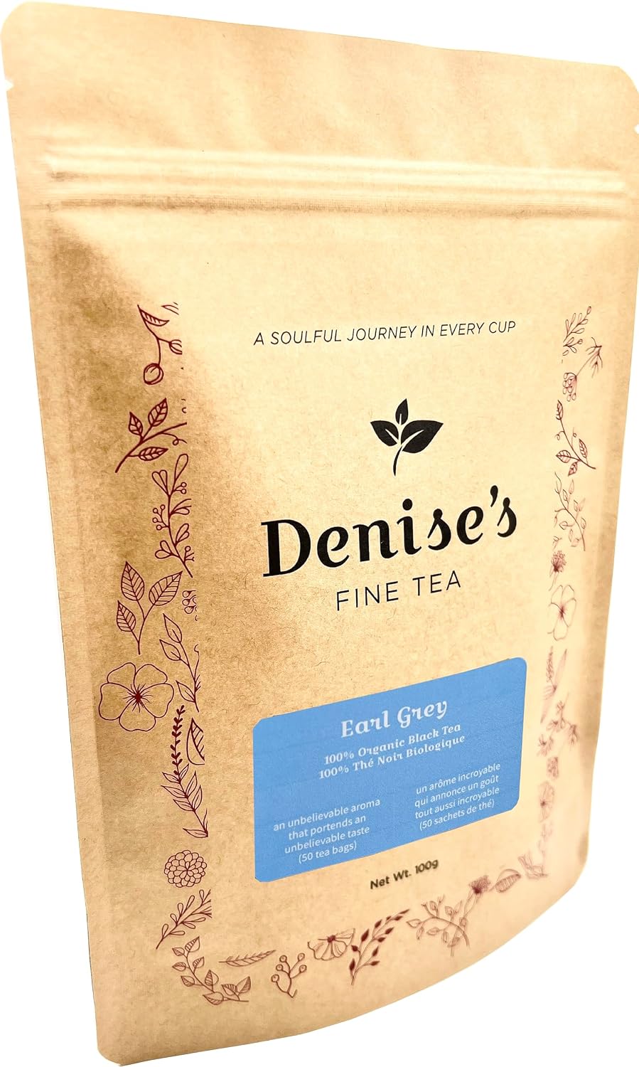 Denise's Fine Tea, USDA Organic, Earl Grey, English Favorites Tea, 50 tea bags (100g)