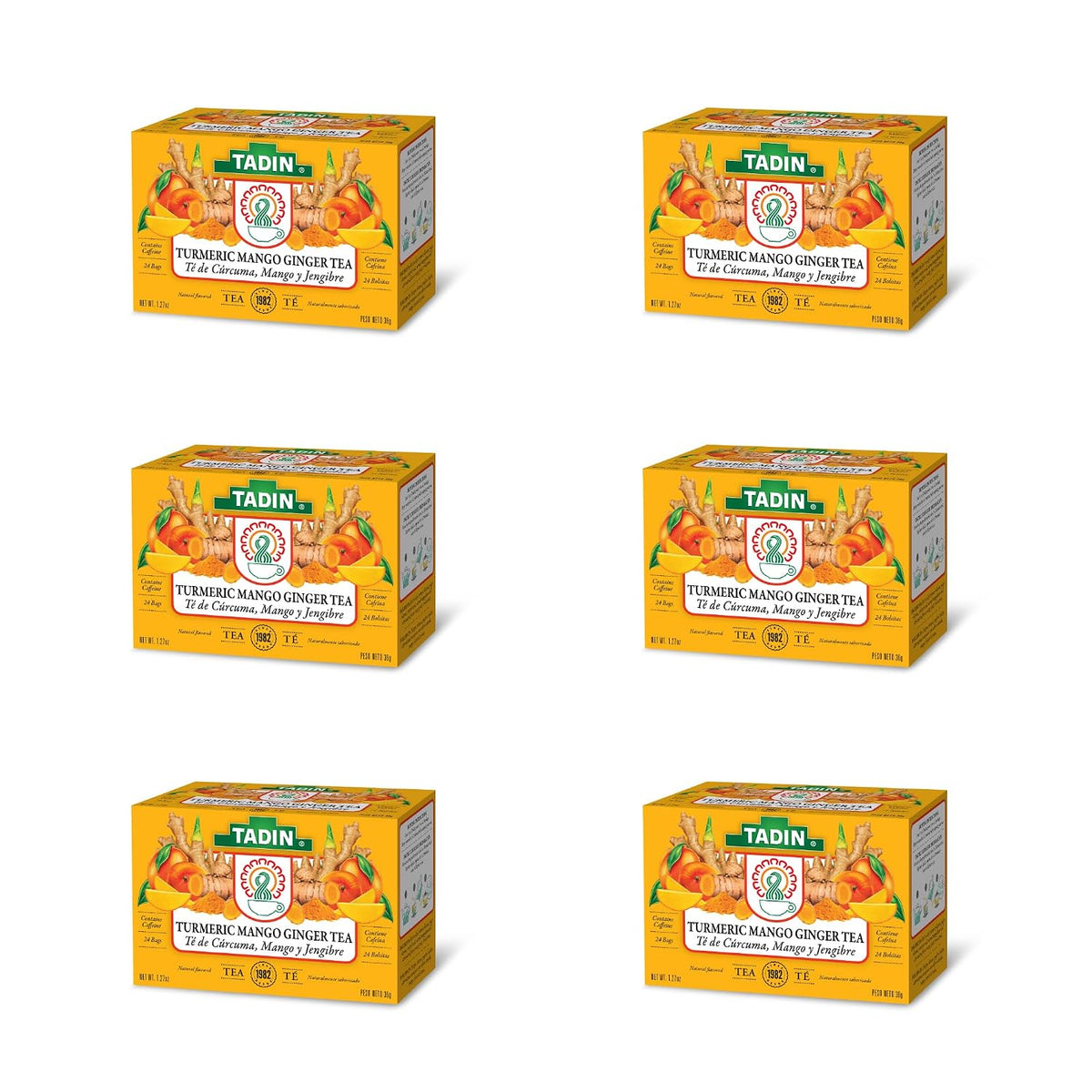 Tadin Turmeric Mango Ginger Tea, Contains Caffeine, Best as Hot Tea, Contains Black Tea, 24 Tea Bags Per Box, Pack of 6