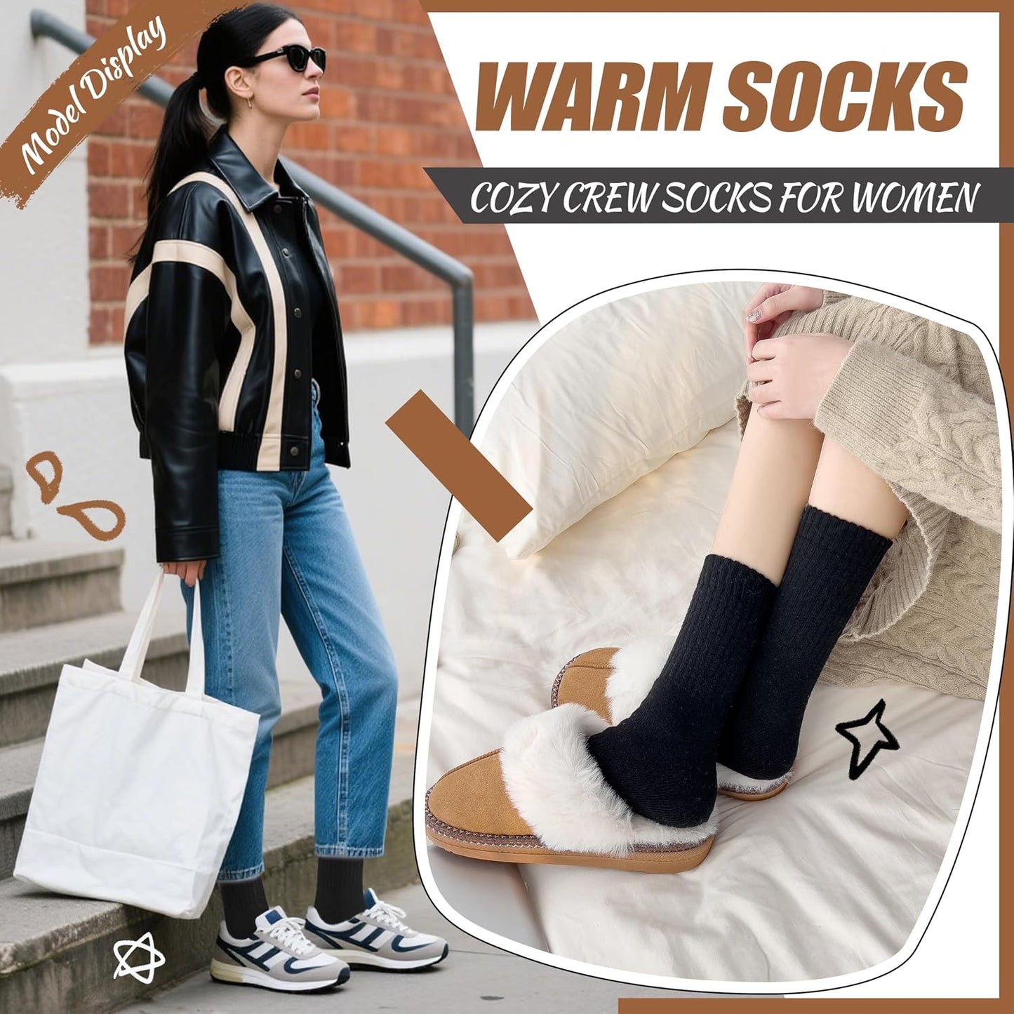EBMORE Merino Wool Socks for Women Hiking Thermal Warm Winter Thick Boot Cozy Crew Comfy Work Socks for Ladies 5 Pairs