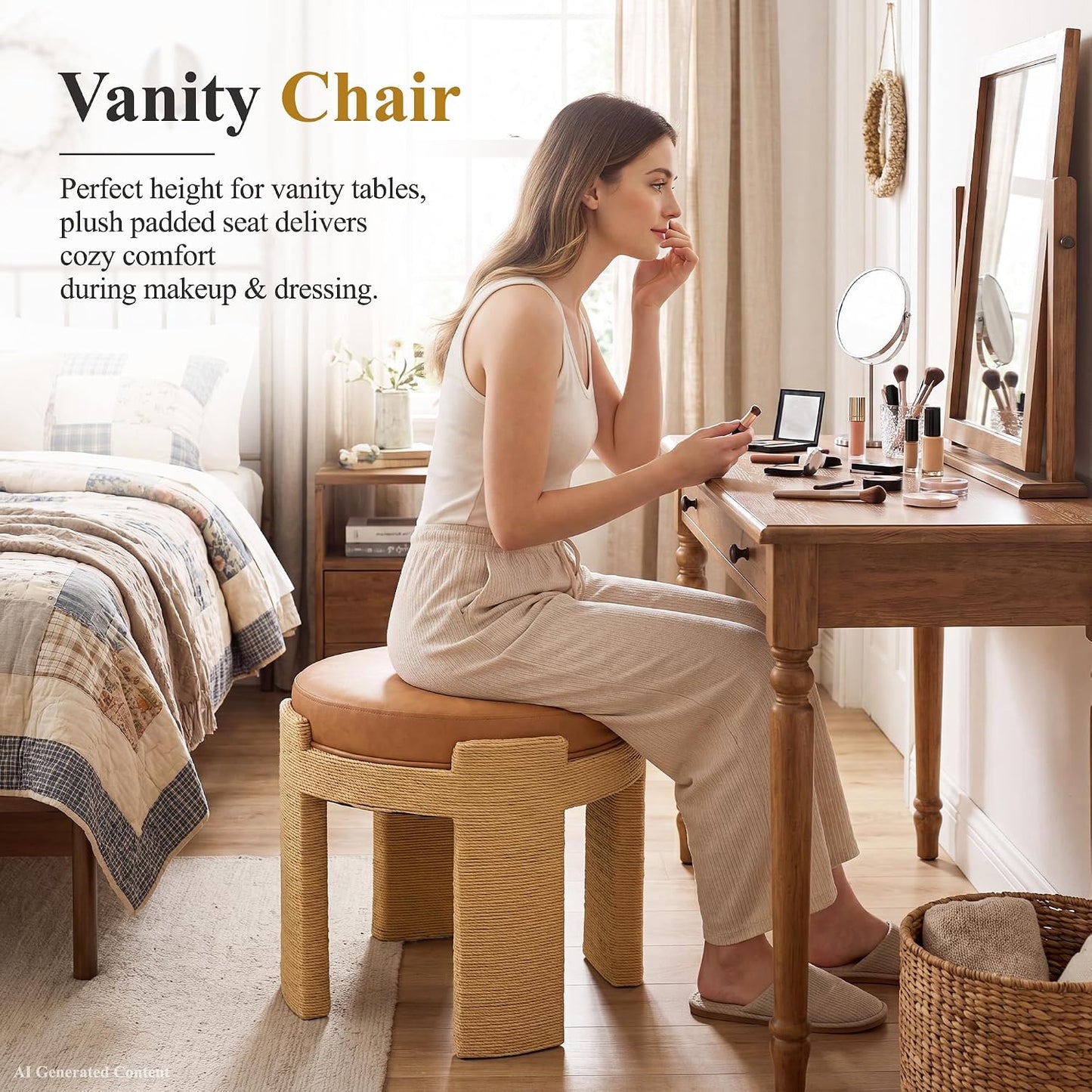 Round Foot Stool Ottoman Set of 2, Boho Hand-Woven Rope Upholstered Accent Footrest Vanity Stool Fully Assembled for Bedroom Living Room, Beige Linen