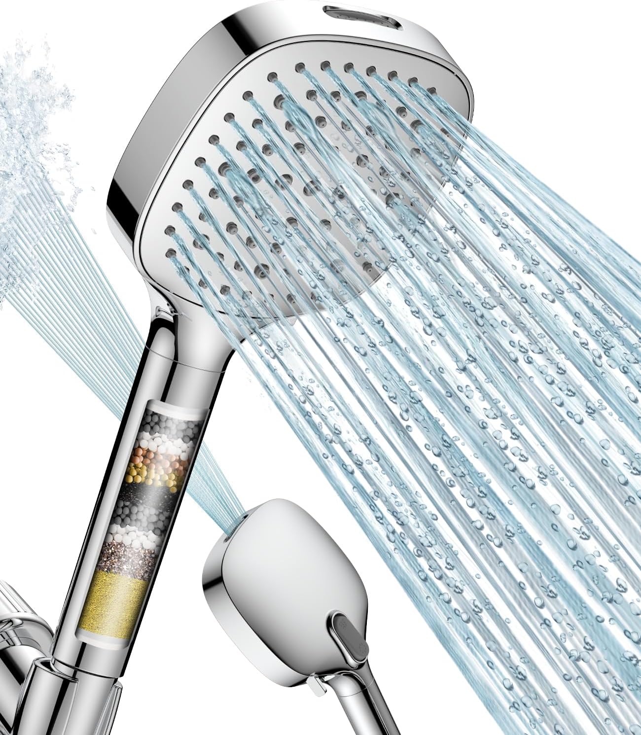 MakeFit Filtered Shower Head Black - 6 Modes High Pressure Handheld Shower Head with Filter Mineral Beads, Detachable Handheld Showerhead Set with Stainless Steel Hose and Shower Arm Bracket