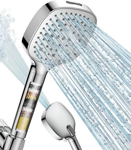 MakeFit Filtered Shower Head Black - 6 Modes High Pressure Handheld Shower Head with Filter Mineral Beads, Detachable Handheld Showerhead Set with Stainless Steel Hose and Shower Arm Bracket