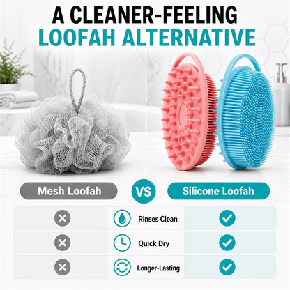 2 Pack Silicone Body Scrubber, Loofah Double-Sided Body Brush,Shower Scrubber and Scalp Massager Shampoo Brush for Sensitive Kids Women Men All Kinds of Skin (Black & Pink)