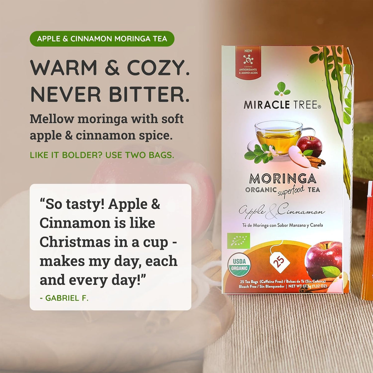 Miracle Tree Organic Moringa Tea, Apple Cinnamon, Caffeine-Free, 25 Bags
