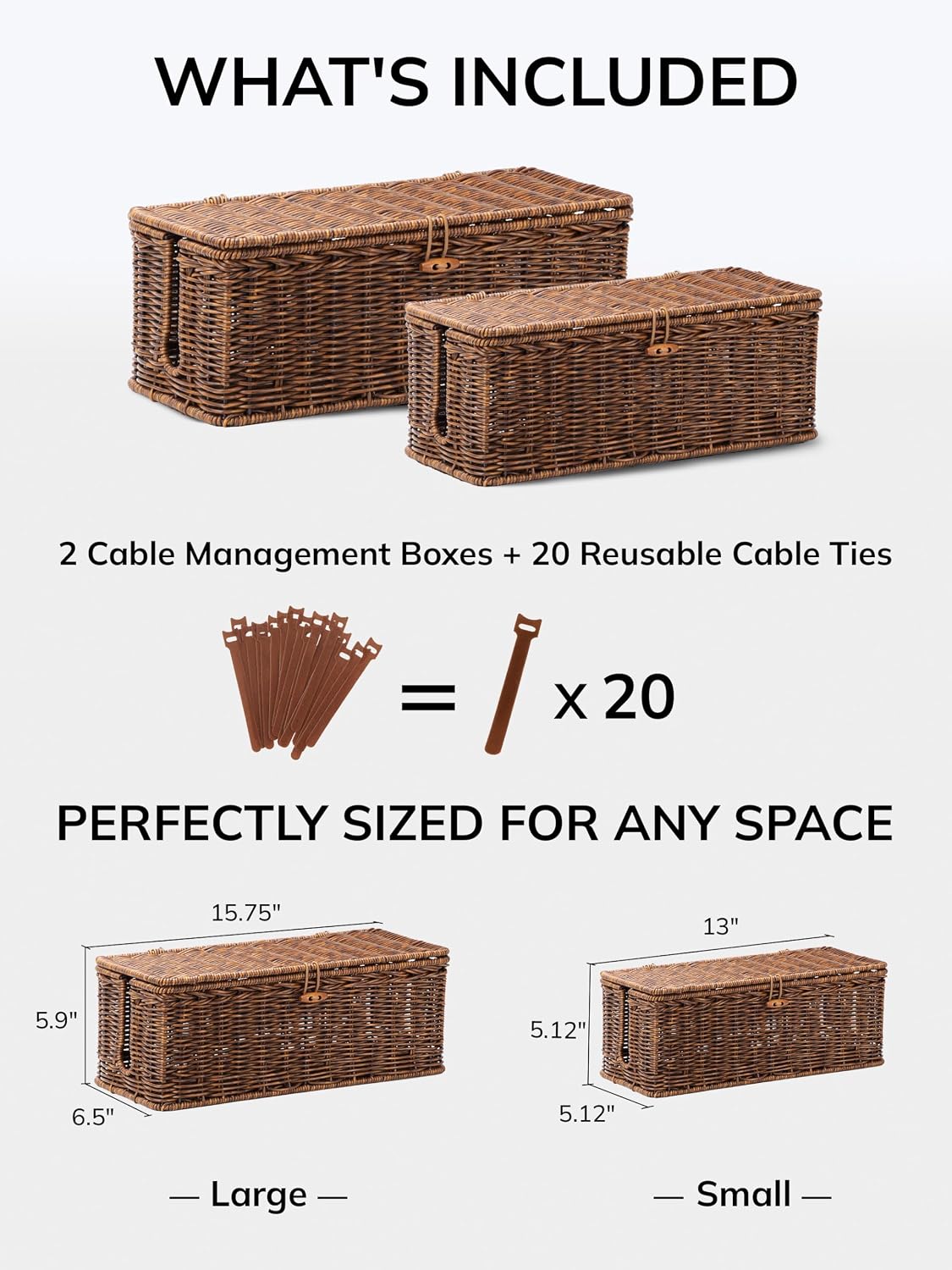 Cable Management Box, Cord Organizer with Lid & Cable Ties - Brown, L