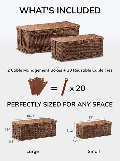 Cable Management Box, Cord Organizer with Lid & Cable Ties - Brown, L