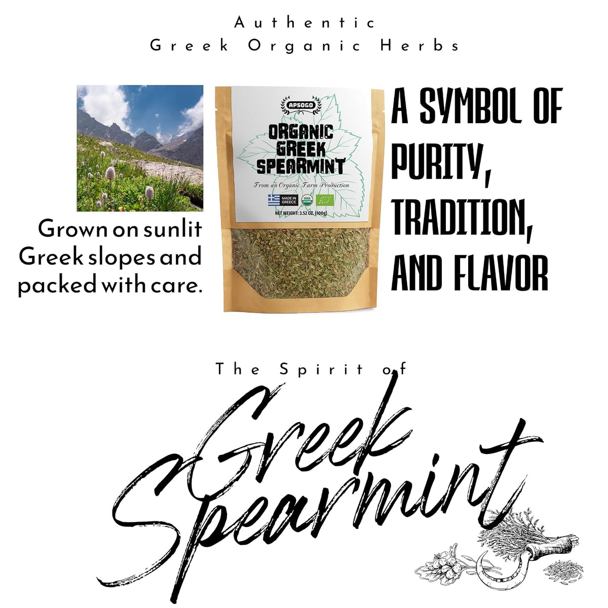 Apsogo Organic Greek Spearmint Tea - Loose Leaf Dried Mint Leaves, 1.76oz