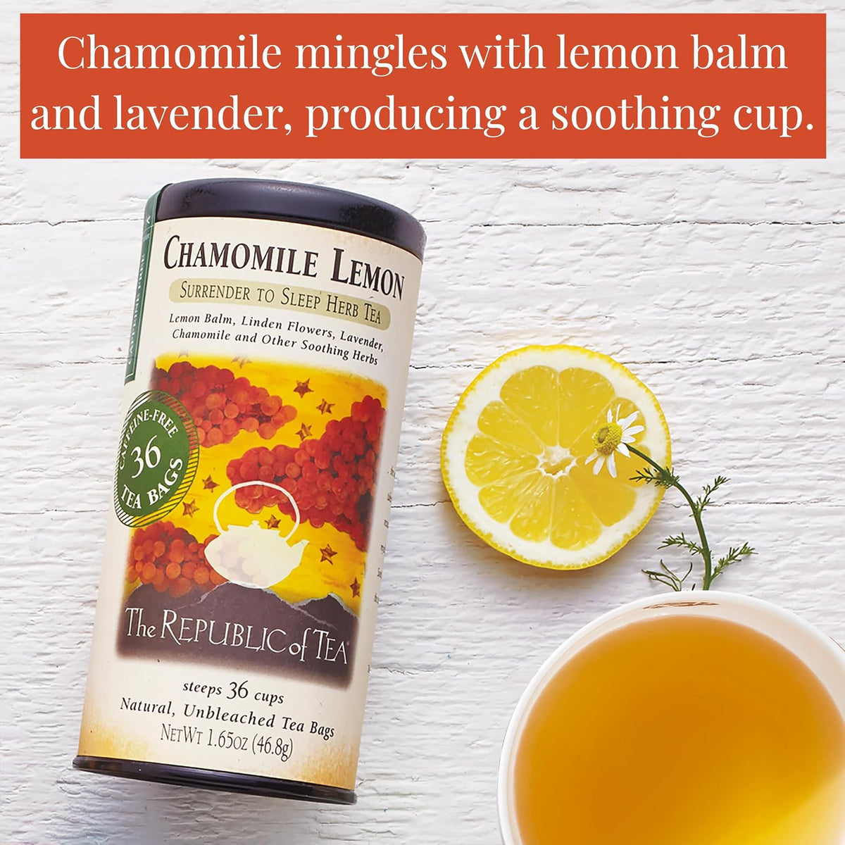 The Republic of Tea Chamomile Lemon Herbal Tea, Caffeine Free, 36 Count