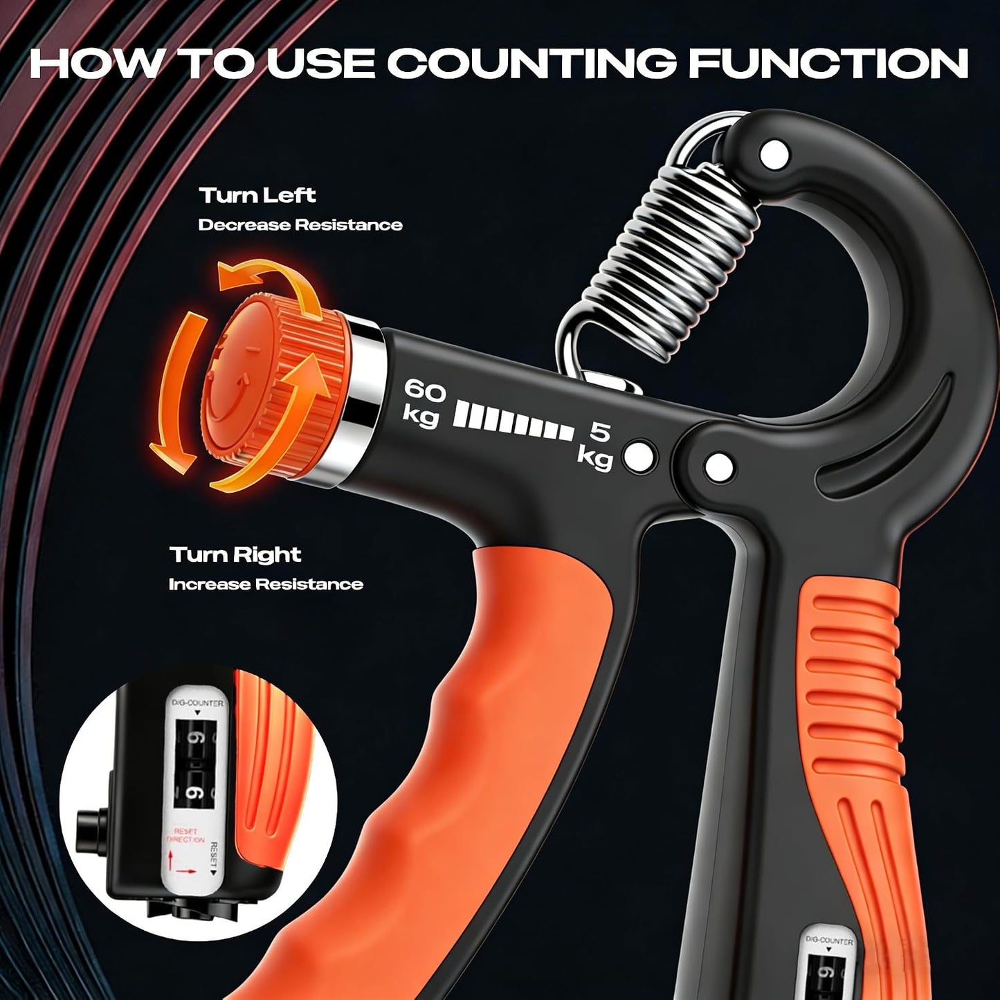 JTHEW Grip Strength Trainer - Adjustable Resistance 11-132lbs/5-60kg Hand Gripper & Forearm Strengthener Device with Smart Counter for Sports & Rehab