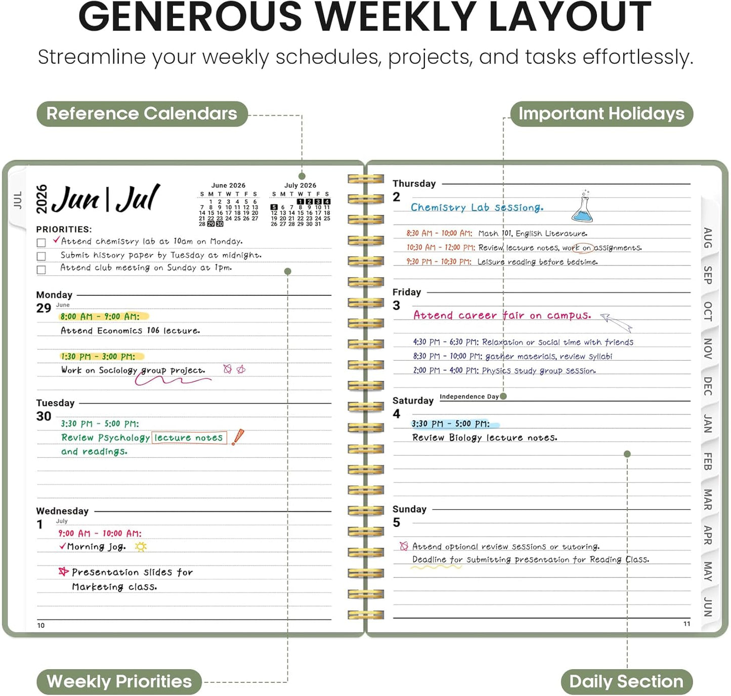 Planner 2026-2027, 8.5" x 11" Weekly and Monthly Academic Year Planner Calendar, July 2026 - June 2027, Hardcover Large School Planning Agenda With Tabs, Perfect for School & Office Supplies, A4, Green