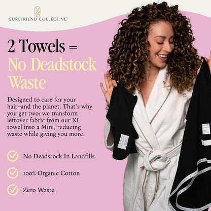 Curlfriend Collective Cotton Cloud T-Shirt Hair Towel Duo – Sage The Day Hair Towel Wrap for Women, XL + Mini Hair Drying Towels for Curly Hair, No-Slip Plopping Towel, Ultra Absorbent Cotton