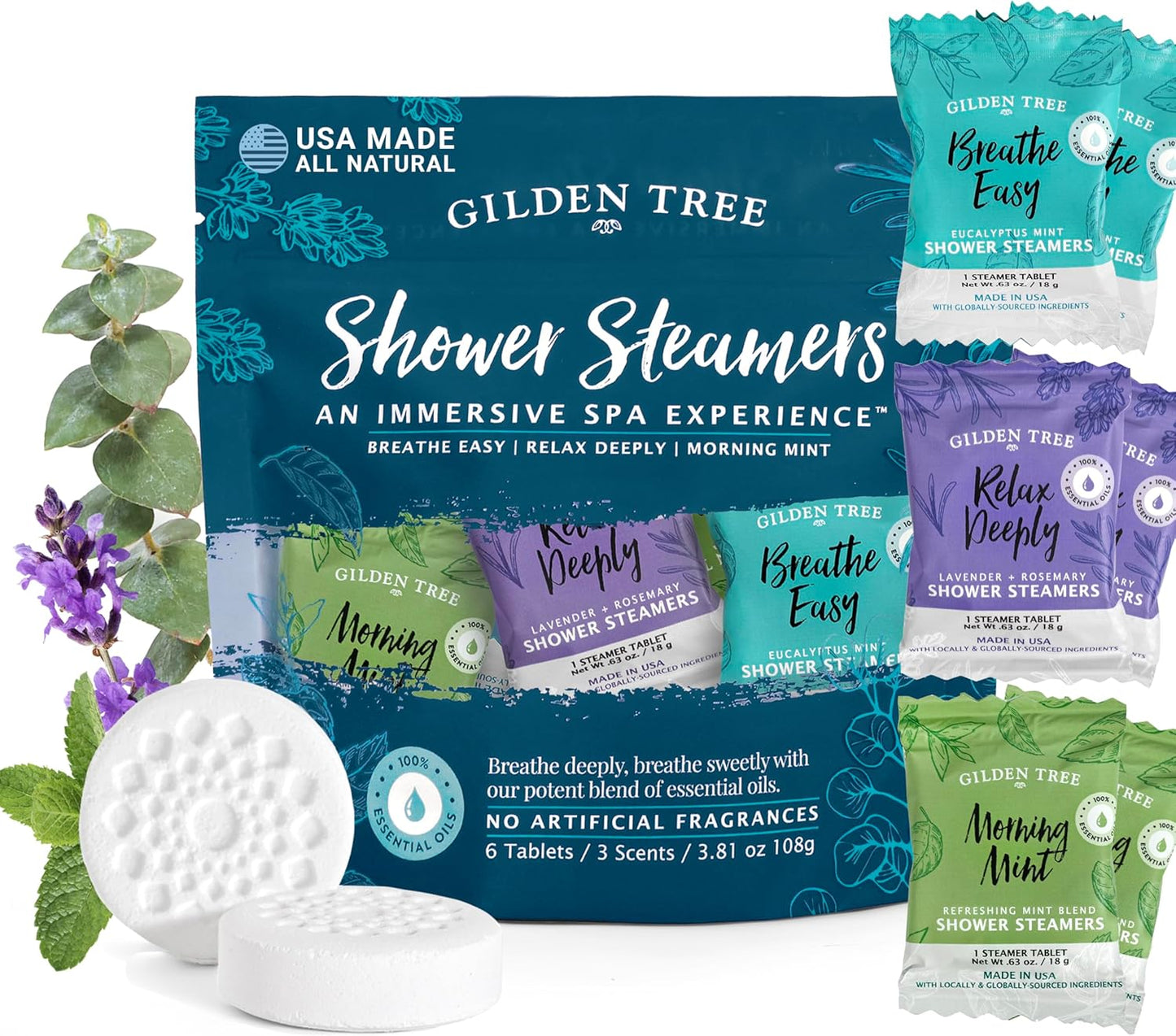 Shower Steamers Aromatherapy Made in USA Lavender & Rosemary 100% Essential Oils Stress Relief, Birthday Gifts for Women Men Teens Adults (Relax Deeply)