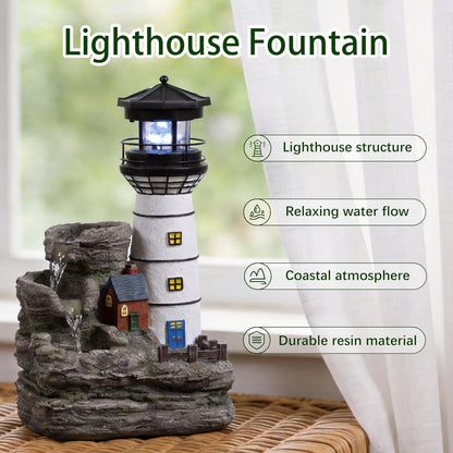 Tolevoit Indoor Tabletop Water Fountain, Mediterranean Coastal Lighthouse Waterfall with Blue LED Light, Relaxing Zen Desk Fountain for Office & Bedroom, Nautical Home Decor Stress Relief Gift